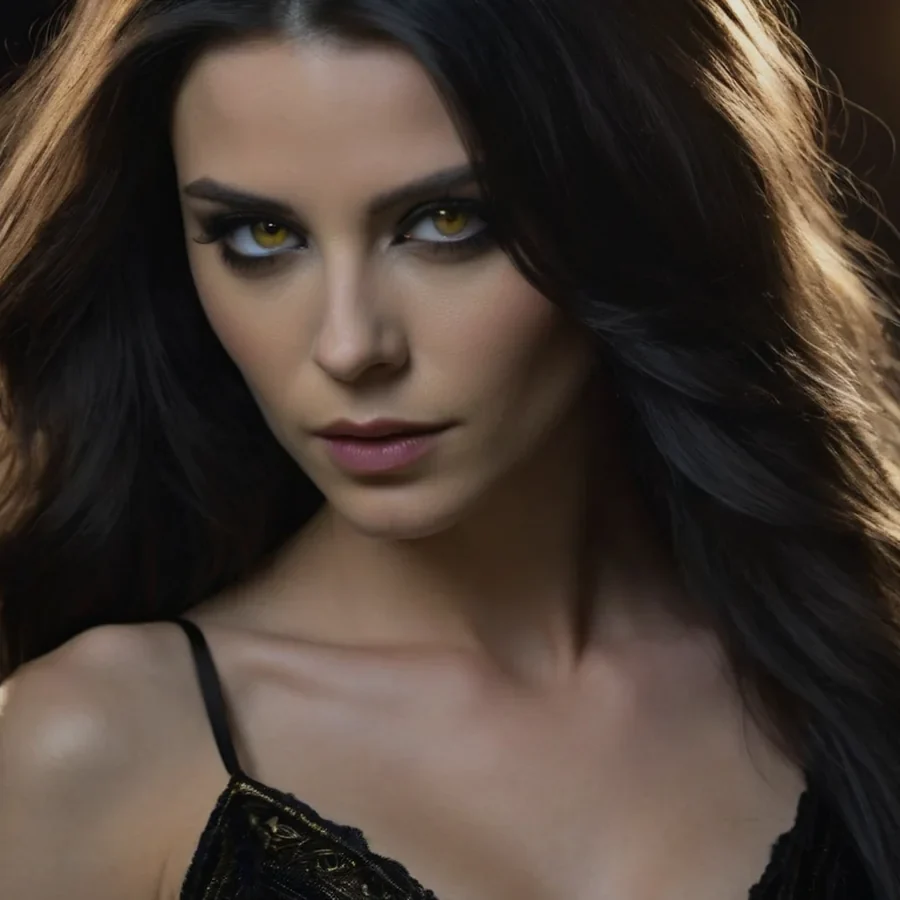 Portrait of Mia Synn with golden eyes and dark lace