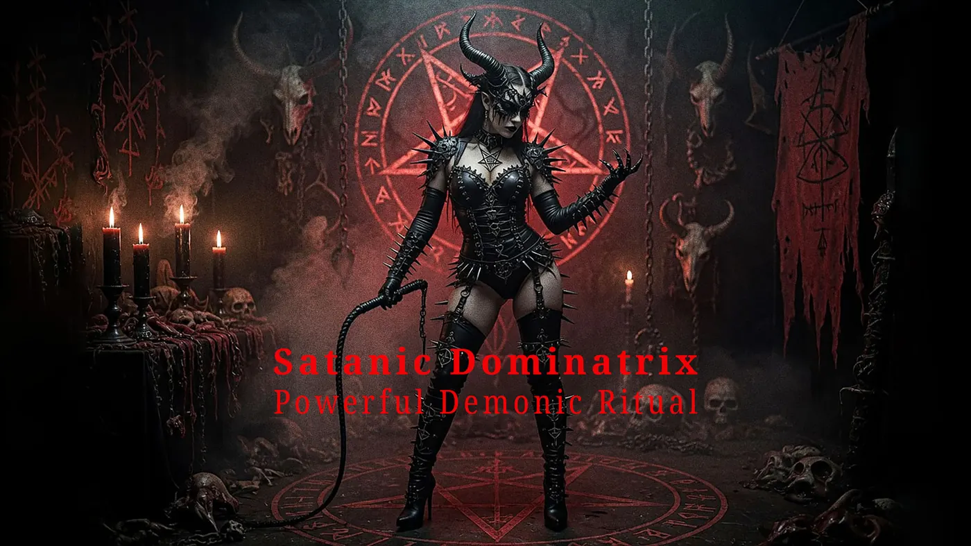 Horned woman in ritual dark lighting used for black magic sex spell atmosphere