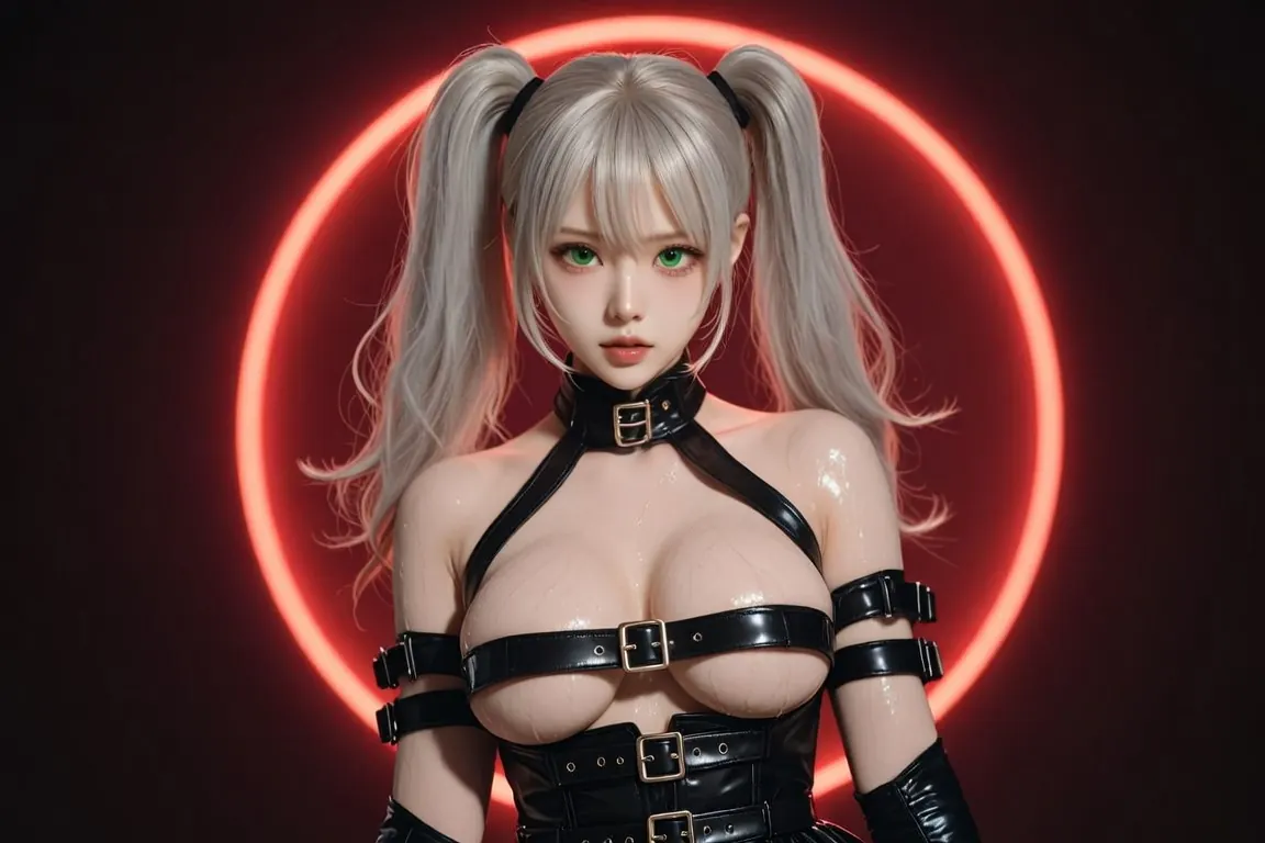 Woman in a leather harness before a red halo used for vixen spell glamour